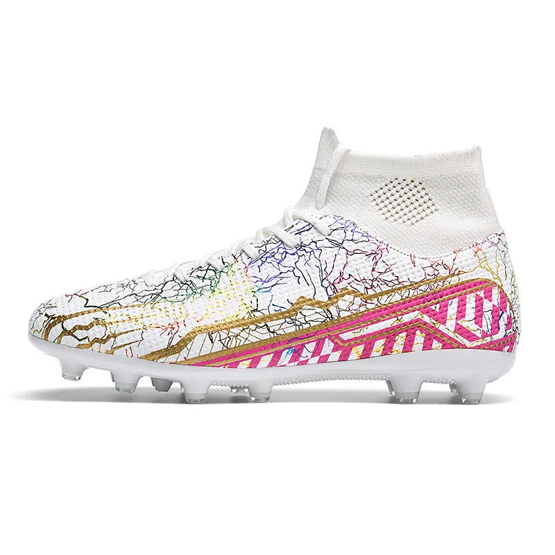 High-top youth spike turf soccer shoes with PVC upper and rubber sole on artificial grass