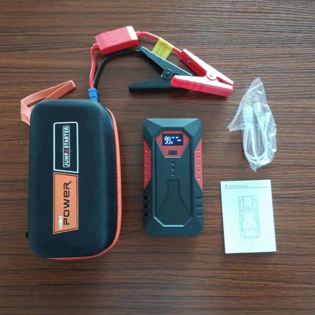 Red 12V car emergency start power bank with 18800mAh capacity and battery clamps