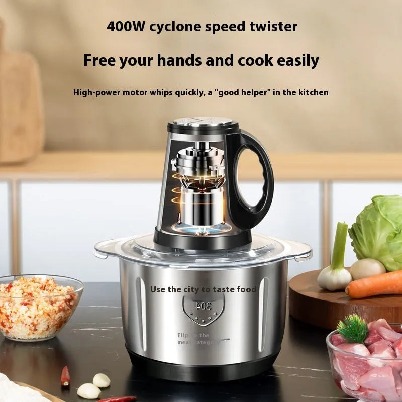 Stainless steel meat grinder with 2L bowl, 2 sets of knives, and adjustable speed control on a kitchen counter