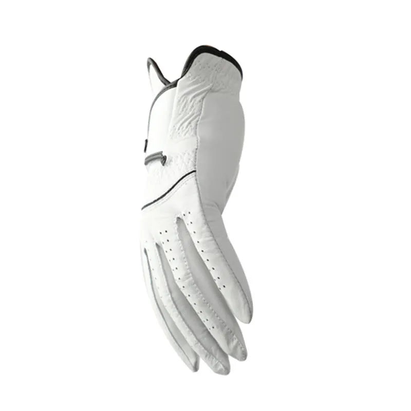 Men's white half sheepskin leather golf glove showing non-slip palm detail.