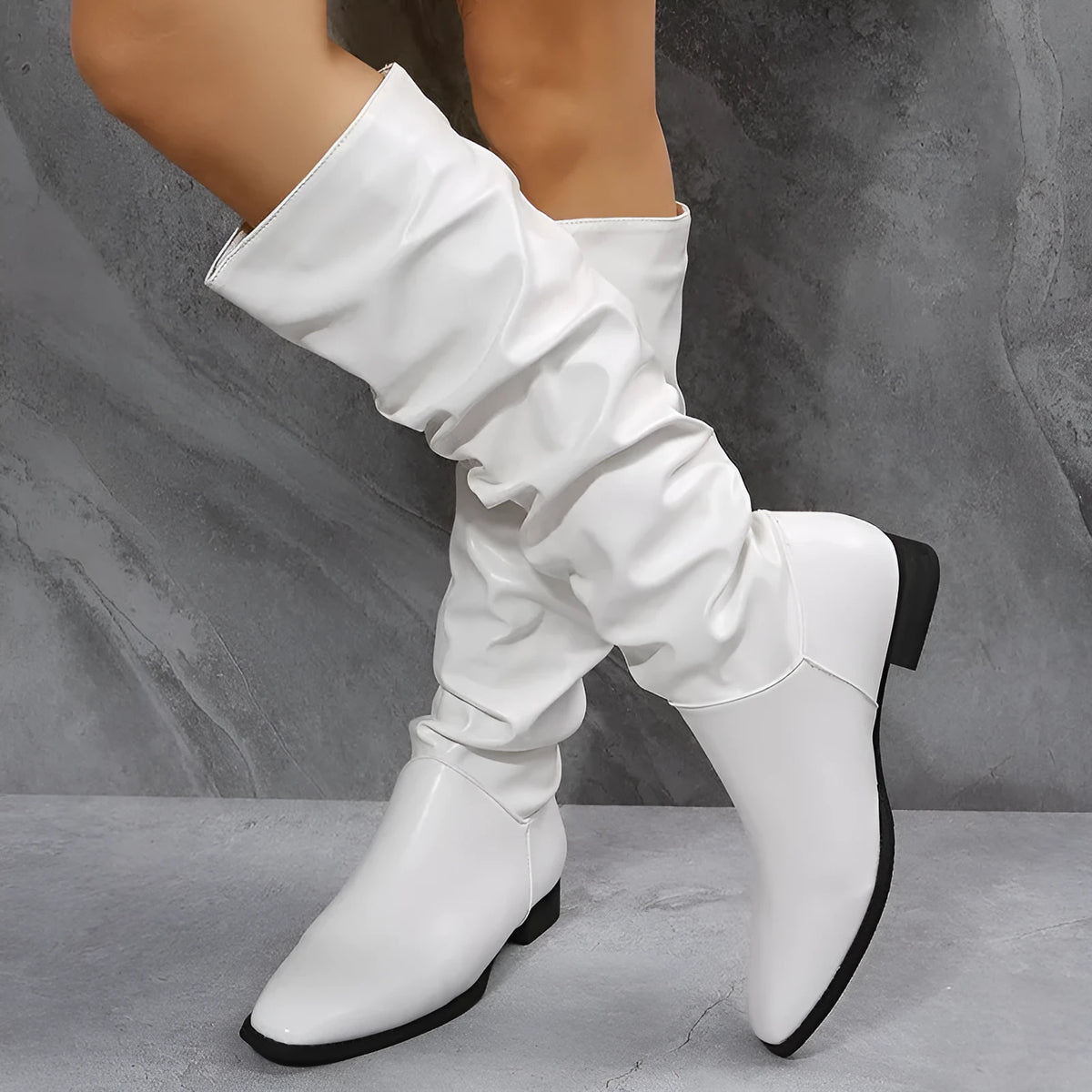 White cowboy boots for women with pointed toe, low chunky heel, side zipper, and high tube, sizes 35-43