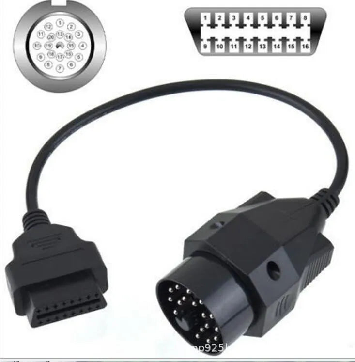 OBD2 adapter cable with a black BMW 20-pin plug and a standard 16-pin female OBD2 socket on the ends.