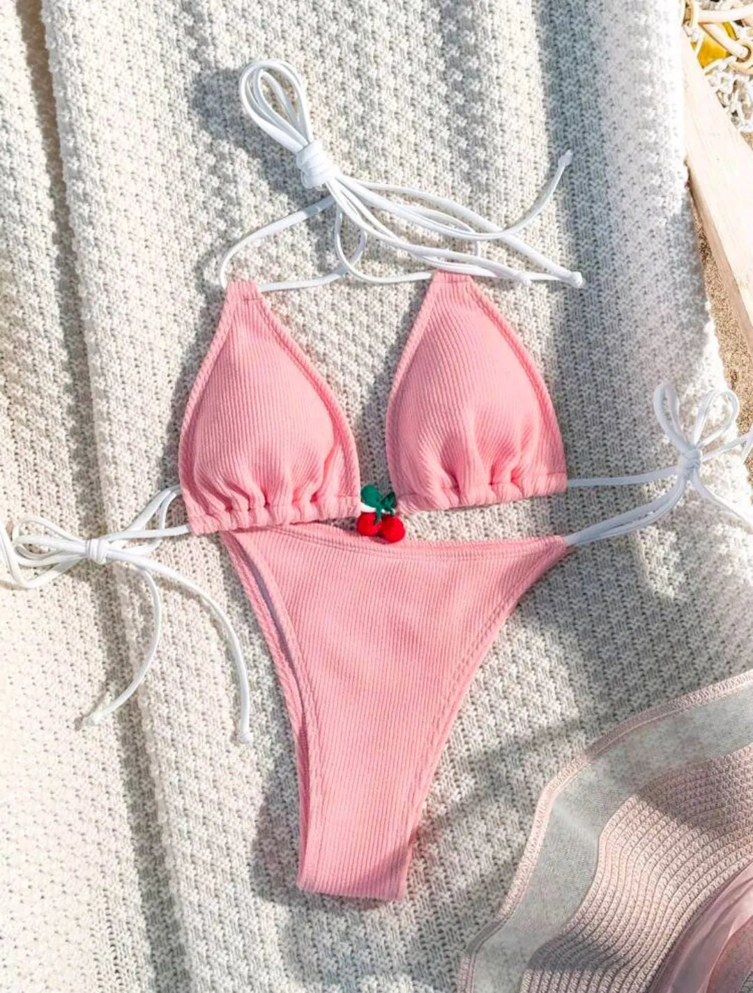 Nylon fabric bikini swimsuit two-piece set in solid colour design available in five colours