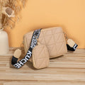 Women's two-piece PU leather messenger bag set in apricot with embroidery and lock detail, horizontal square shape