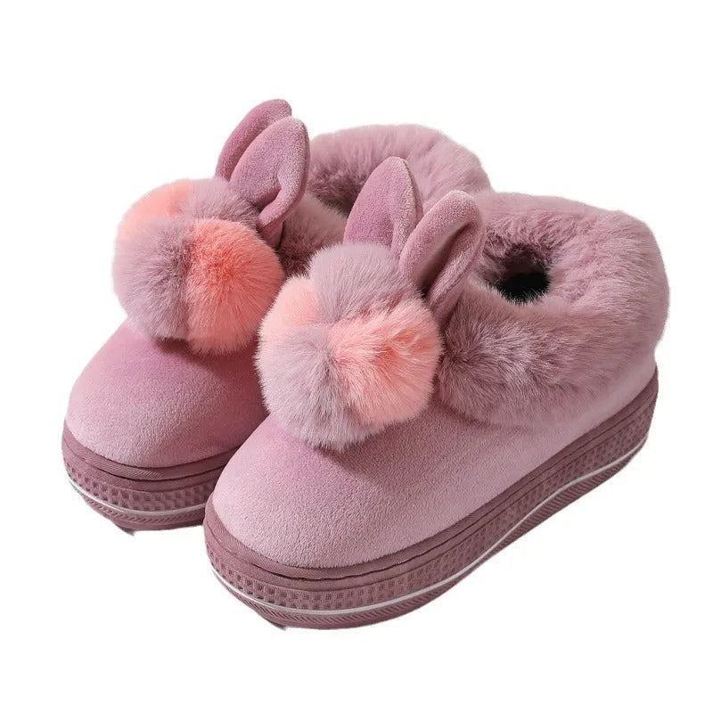 Black, purple, and grey high-heel cotton slippers with thick TPR sole and plush upper