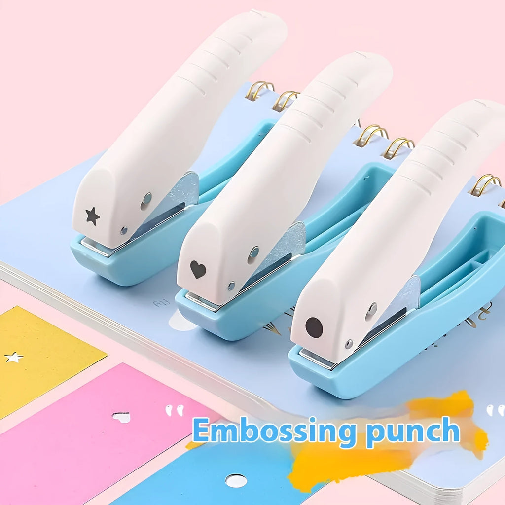 Small manual handheld punching machine with embossed patterns showing Love, Round 4mm, Round 6mm, and Star punch shapes.