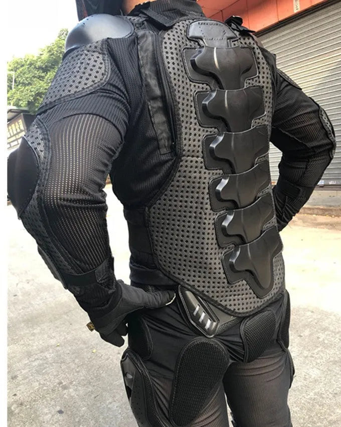 Black motorcycle armour protection jacket with plastic fall protection panels, solid colour, on white background