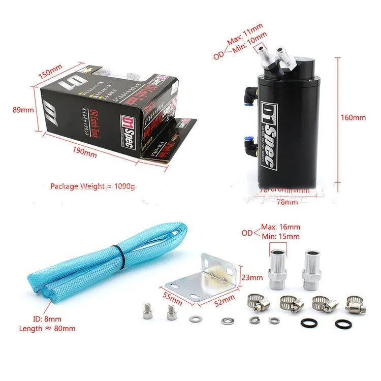 Square and round model oil catch tanks for car engines in black, blue, red, and silver colours.
