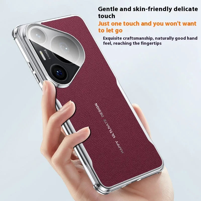 Huawei Pura series leather phone case in black with an invisible kickstand bracket deployed.