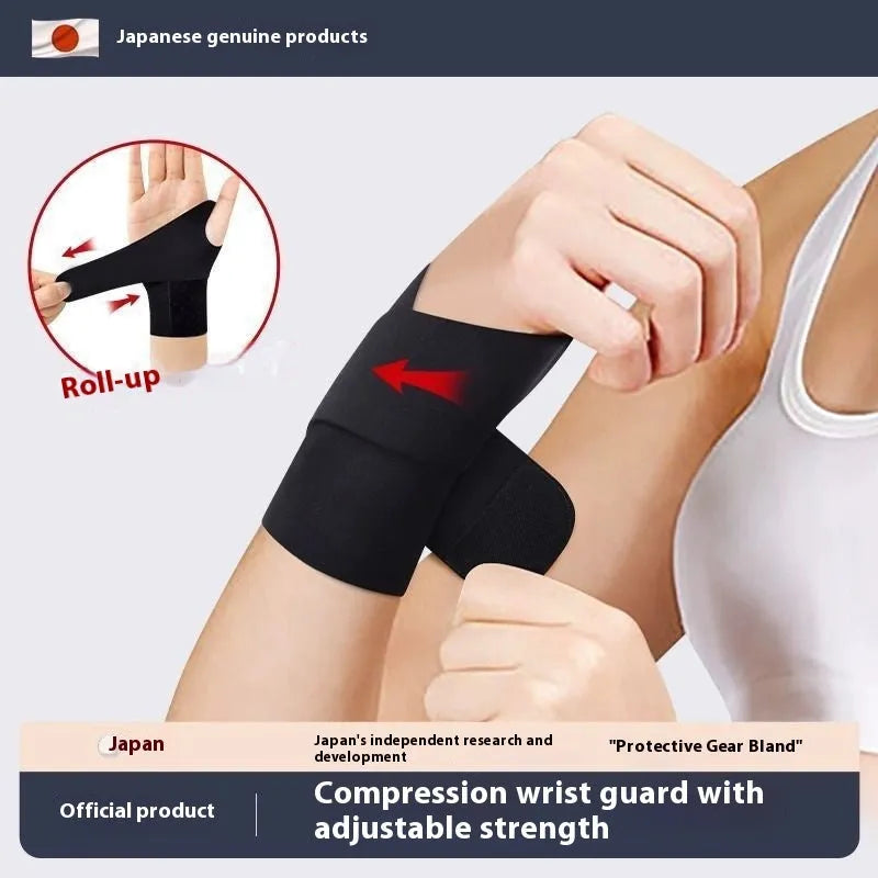 Adjustable black athletic wristguard sheath for sports like badminton and tennis.