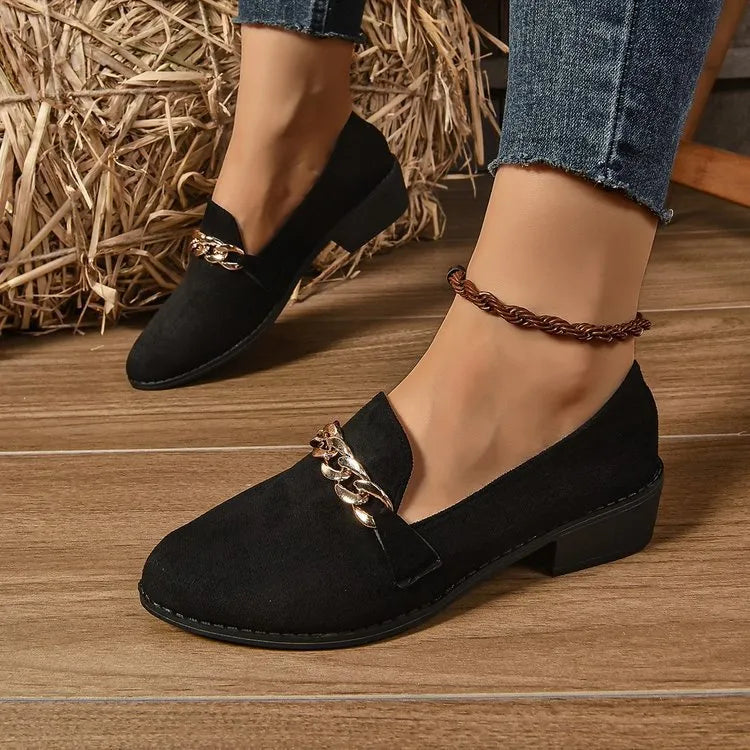 Women's pointed toe chunky heel casual shoes in suede, black colour, mid heel 3-5cm
