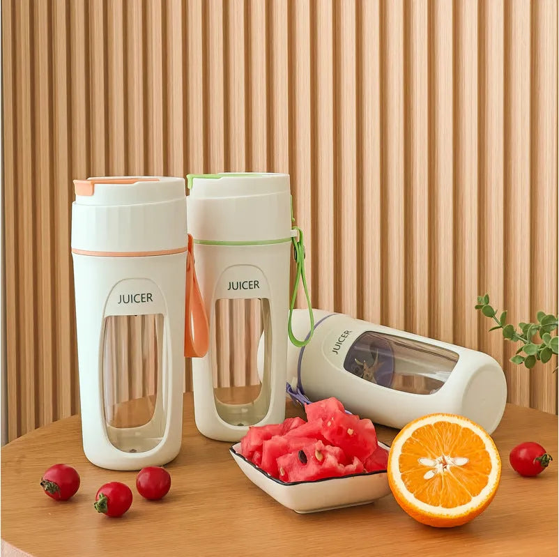 Portable USB charging blender with borosilicate glass cup in grass green, light purple and fresh orange colours