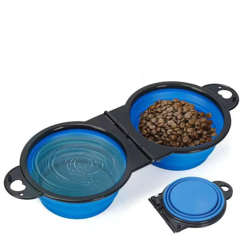 Blue silicone folding double pet bowl showing two compartments, collapsed flat next to it.
