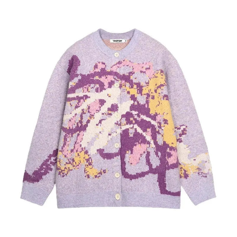 Men's graffiti colourful print round neck sweater in beige, loose fit long sleeve cotton blend top