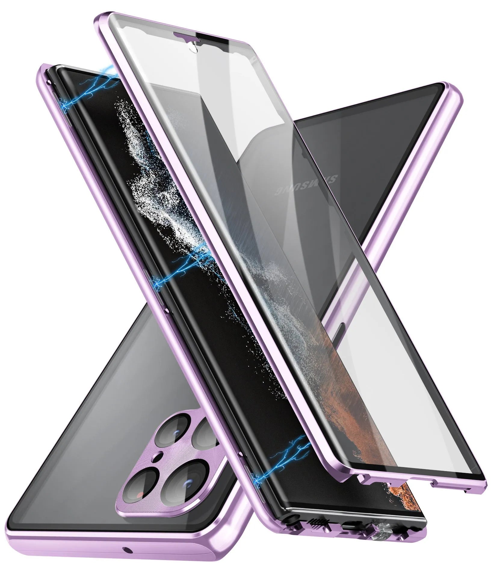 Metal magnetic phone case with peep-proof mirror for Samsung Galaxy S24 Ultra in multiple colour options.
