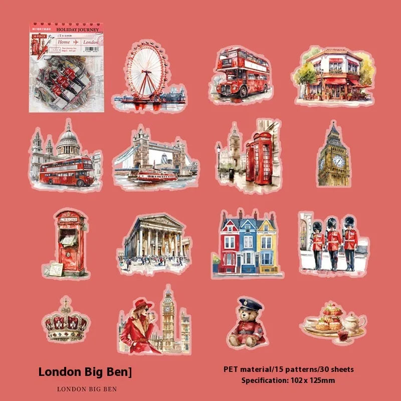 Assortment of retro architecture and travel destination journal stickers including Big Ben and Arc de Triomphe.