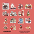 Assortment of retro architecture and travel destination journal stickers including Big Ben and Arc de Triomphe.