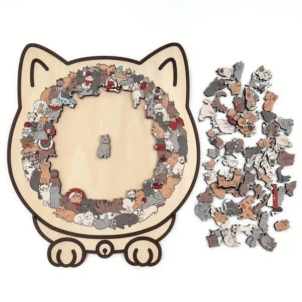 135-piece cat-shaped wooden puzzle, 23.7 x 21.8 cm, shown in Macaron Color, Maillard Color, Morandi and Wooden Primary Color