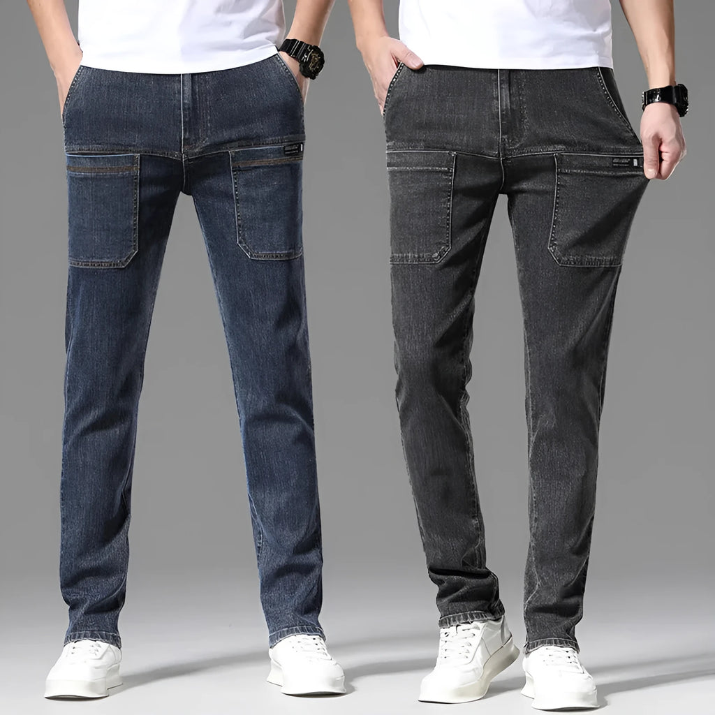 Men's straight-leg casual jeans in dark blue, showing multi pockets and mid waist fit