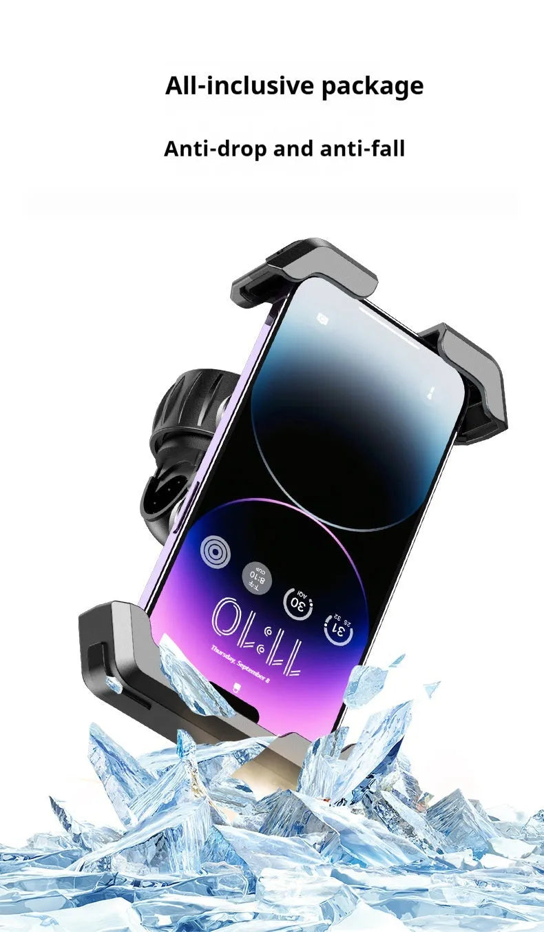 Black cycling phone navigation bracket mounted on bicycle handlebars showing adjustable grip mechanism