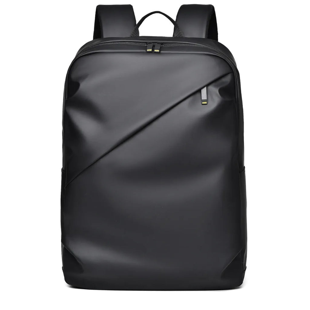 Men's large waterproof PU leather backpack in grey colour with visible stitching and laptop compartment.
