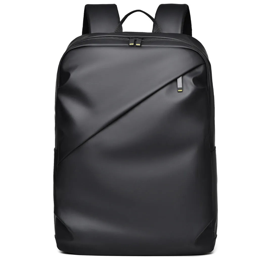 Men's large waterproof PU leather backpack in grey colour with visible stitching and laptop compartment.