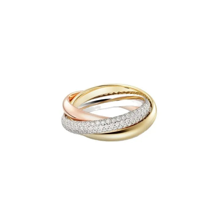 Geometric U-shaped sterling silver couple's ring on a finger, showcasing the full diamond option with 18 stones and flat band interior for engraving.