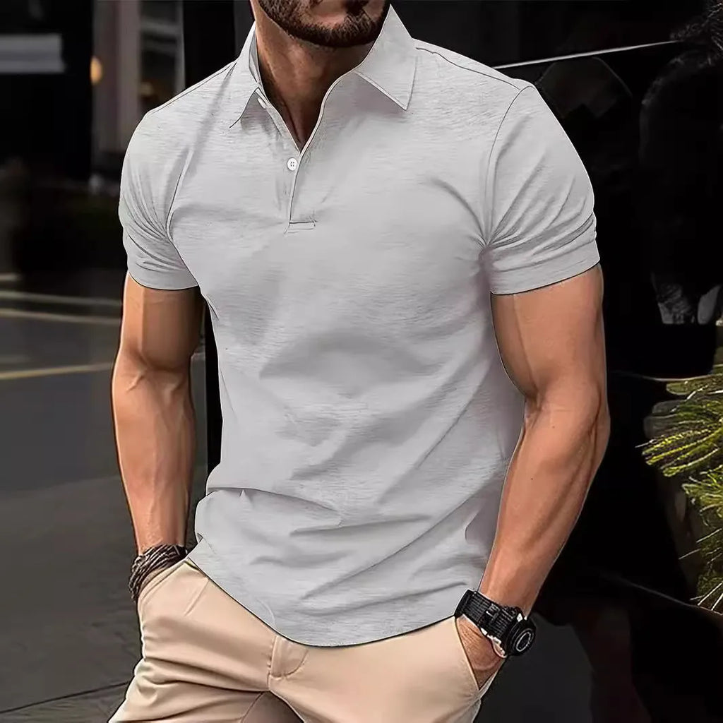 Men's slim fit short sleeve casual shirt in a solid colour on a hanger