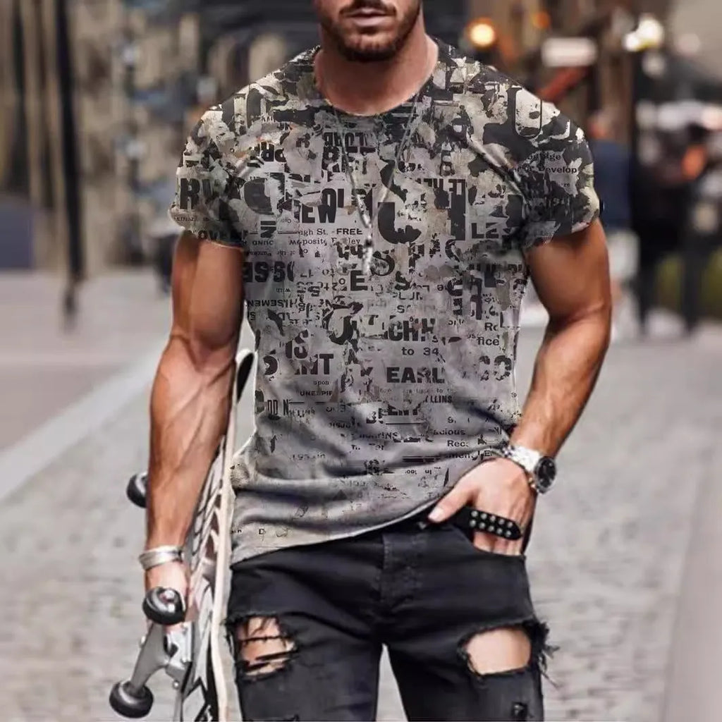 Man wearing a loose-fit camouflage print short-sleeved T-shirt in milk silk fabric.