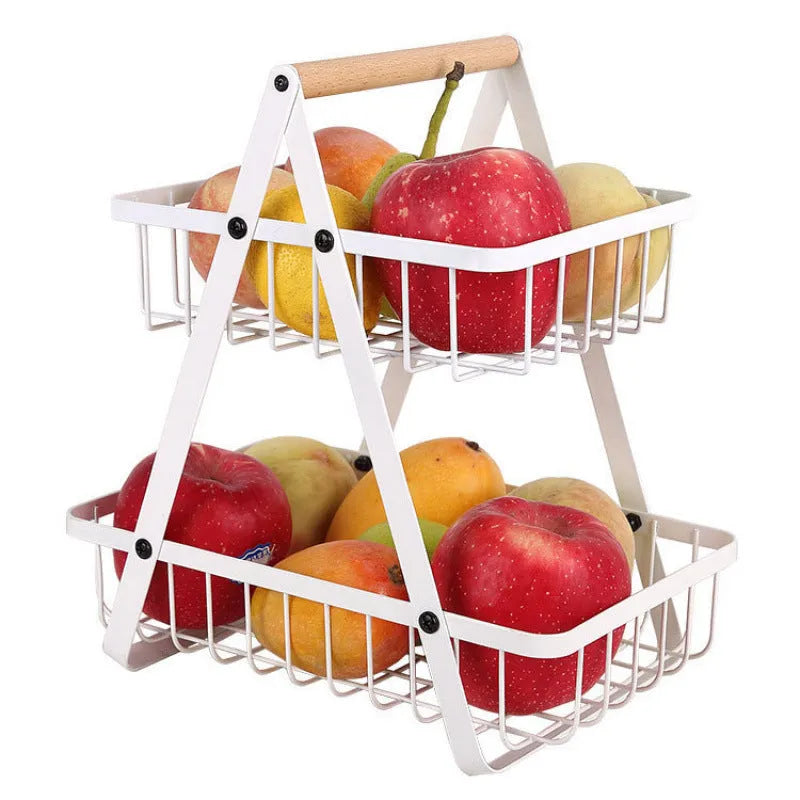 Black iron double-layer fruit basket with wooden handle, shown detached into two separate baskets