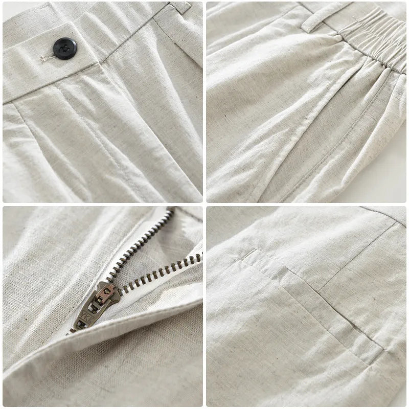 Man wearing loose straight-leg trousers in a cotton linen blend, showing the retro Japanese style in a brown colour.