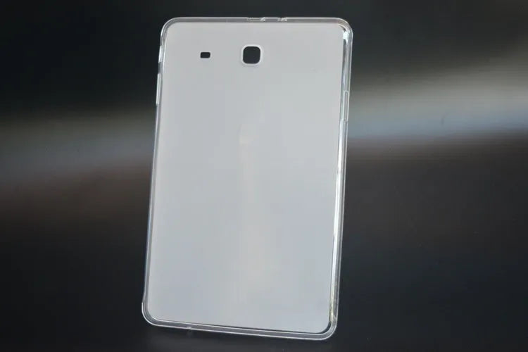 Clear transparent white silicone and TPU ultra-thin tablet protective case laid flat.