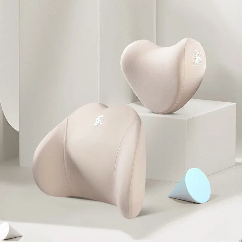 Car pillow set with heart-shaped memory foam headrest and matching lumbar support pillow in cotton cover