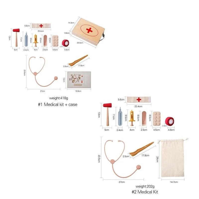 Wooden children's doctor play set with stethoscope and medical tools in cloth bag packaging