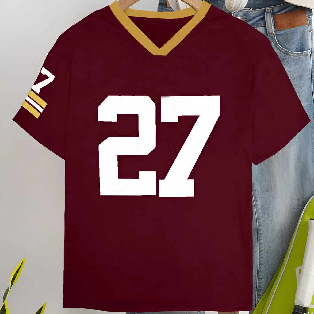 Red loose fit cotton t-shirt with printed letter pattern and short sleeves