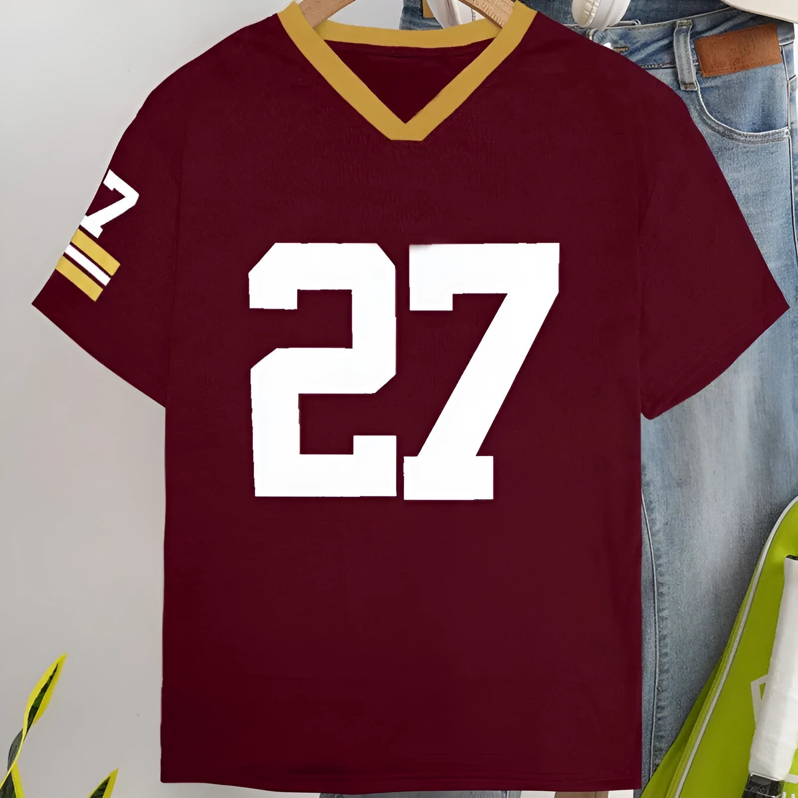 Red loose fit cotton t-shirt with printed letter pattern and short sleeves