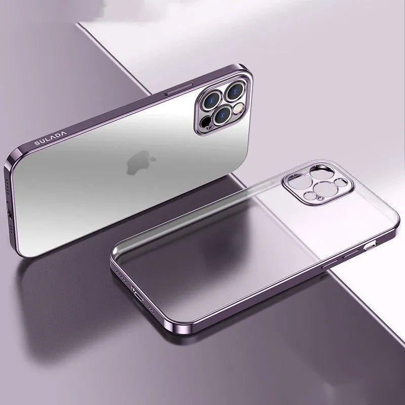 Clear matte square frame plating TPU silicone case for iPhone on a blue background.