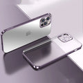 Clear matte square frame plating TPU silicone case for iPhone on a blue background.