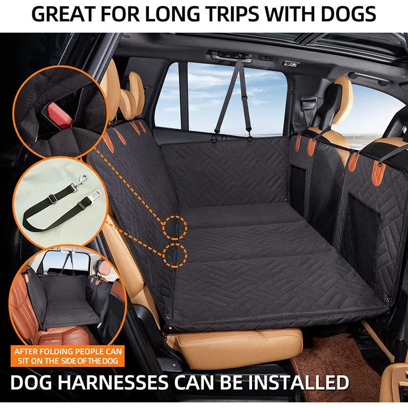 Black waterproof car dog bed cushion on rear seats protecting against pet mess