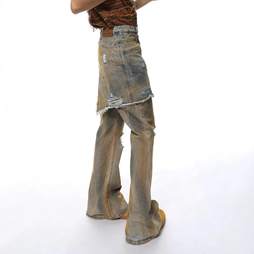 American Street loose hole bootcut pants in denim with high waist and straight-leg cut