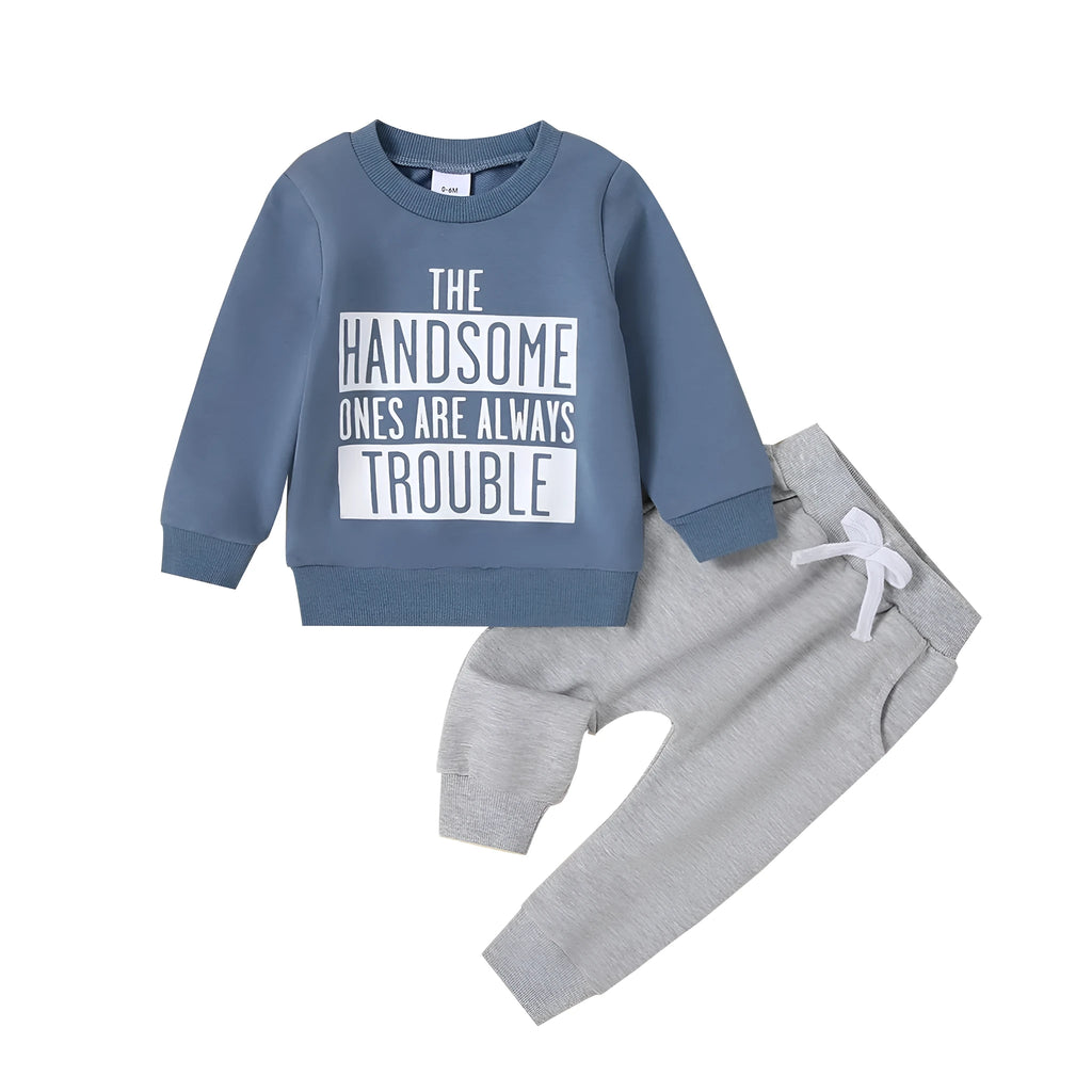 Baby knit cotton pullover sweater and trousers suit in navy blue for ages 0-3T