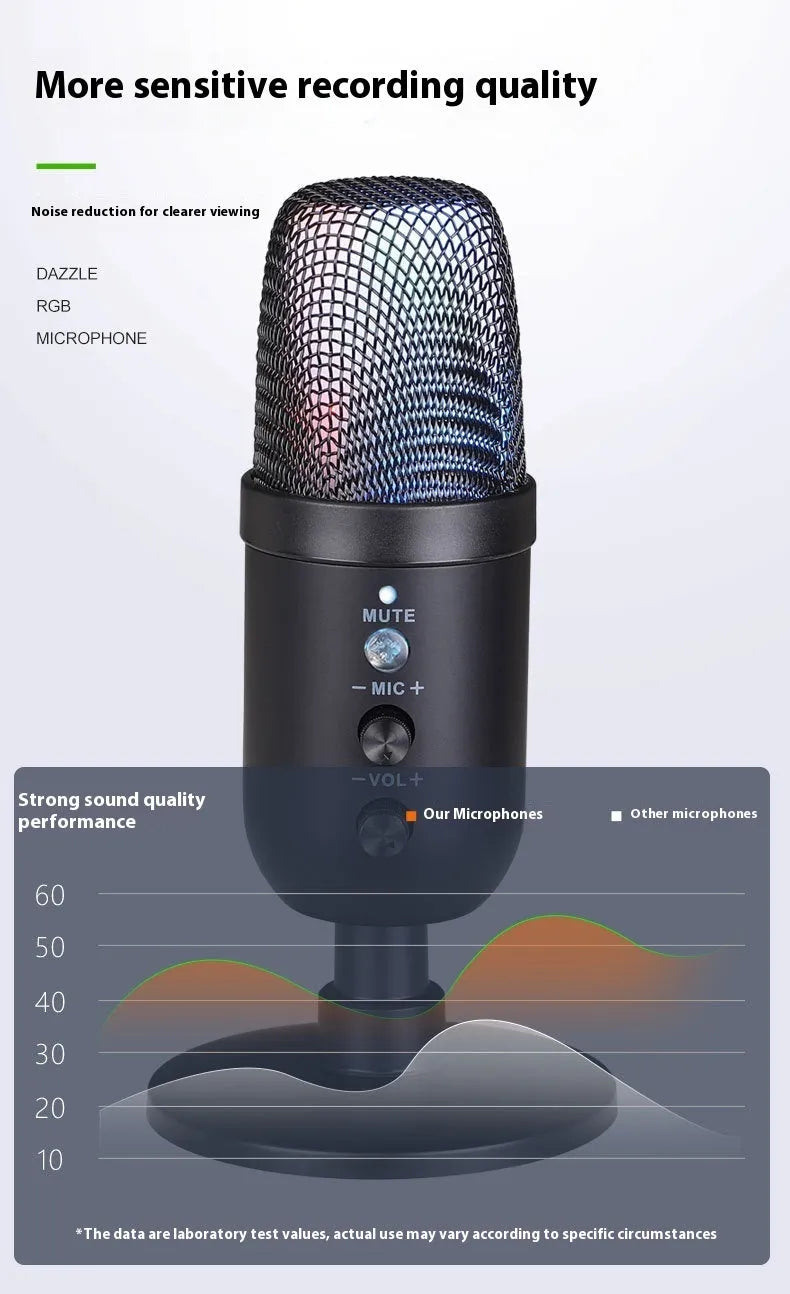Black USB microphone with RGB lighting for computer streaming and mobile karaoke