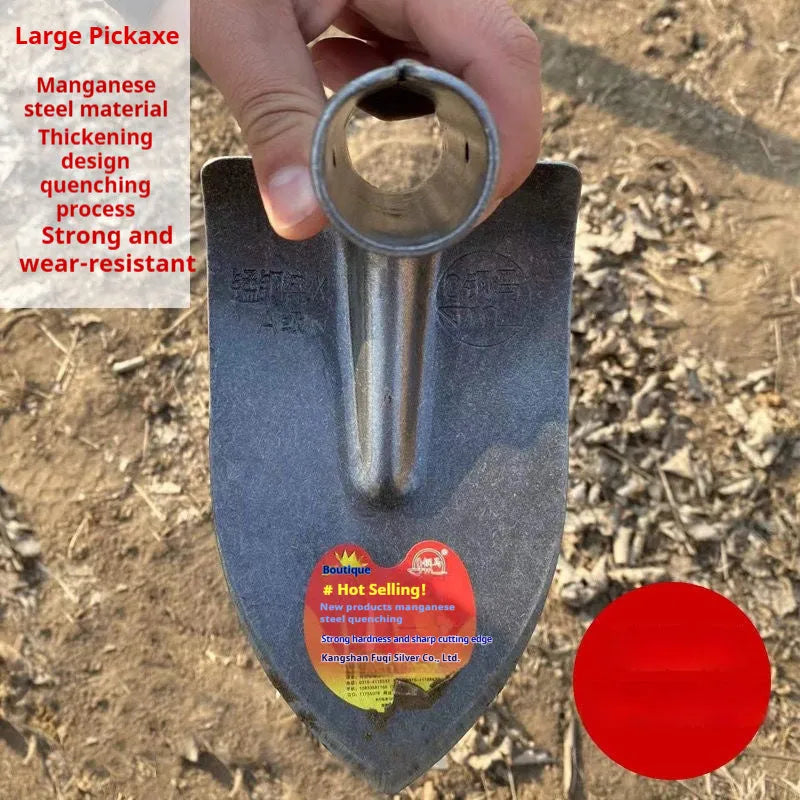 Agricultural pointed hoe plough tool with manganese steel quenched head for soil work.