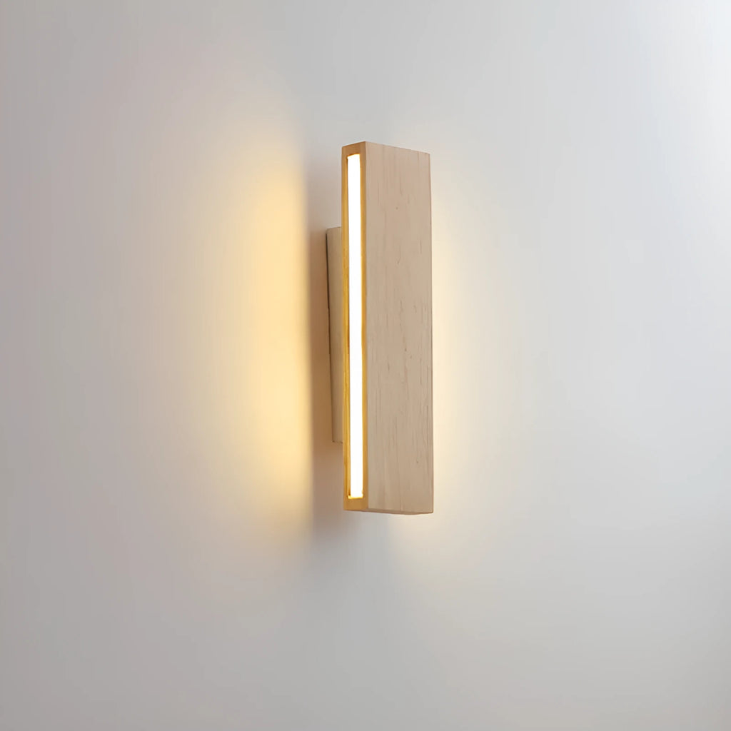 Solid wood Nordic Japanese style LED wall lamp with warm light, 32cm size, mounted above a wooden bedside table