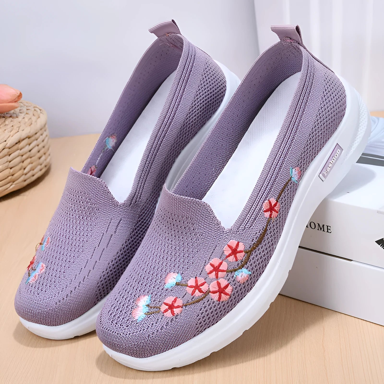 Women's woven floral embroidery casual pumps with a low heel and round toe in wine red colour.