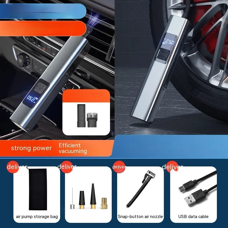 Wireless digital car inflator with vacuum cleaner function and emergency lighting
