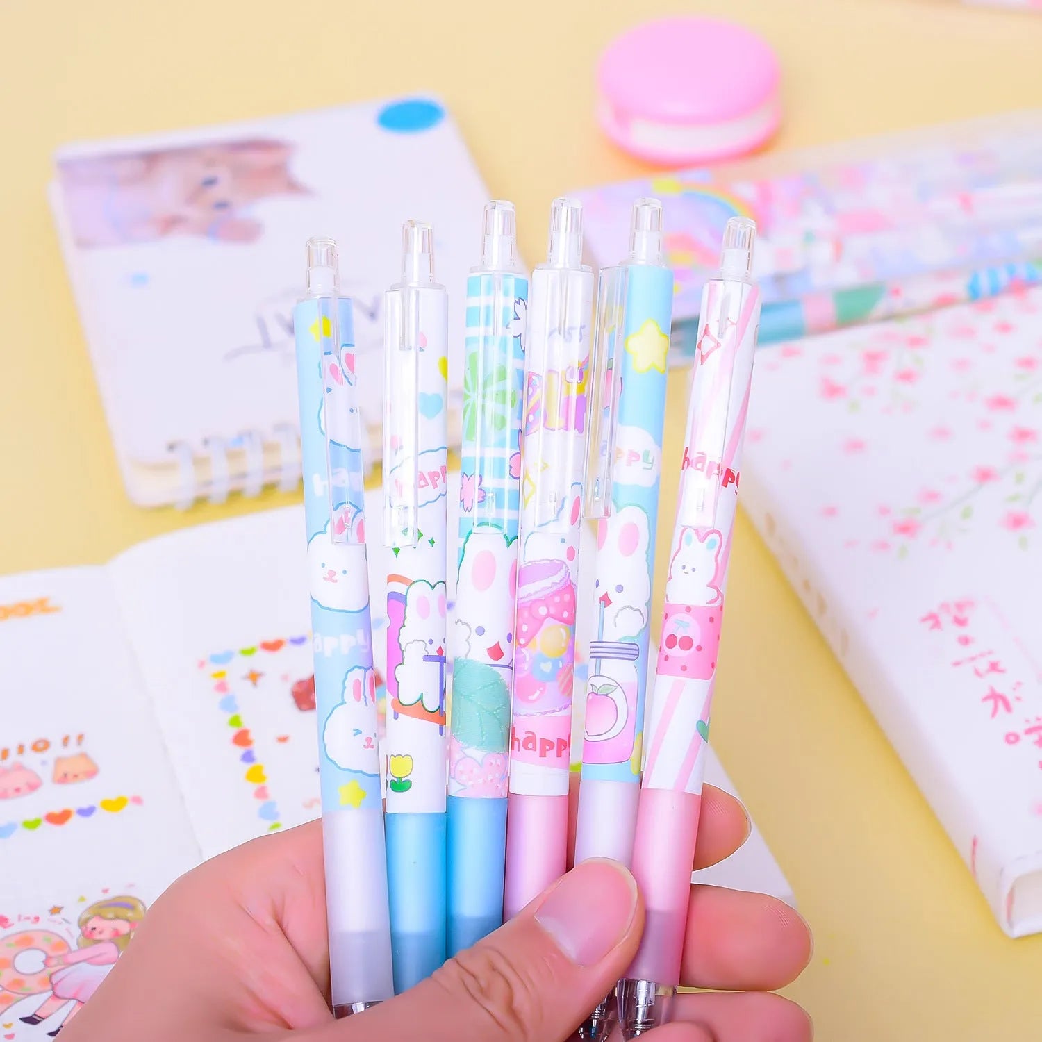 Six cartoon bunny decorated black ballpoint pens with 0.5mm tips