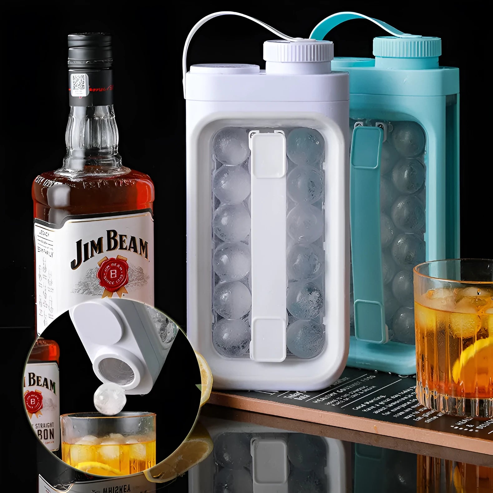 Light blue and white portable ice ball kettle with quick release mould, shown making 17 ice balls.