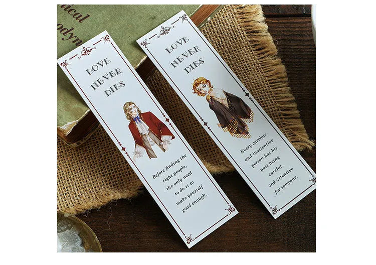 Pack of 30 thick white cardboard art bookmarks with various designs including Phantom of the Opera.