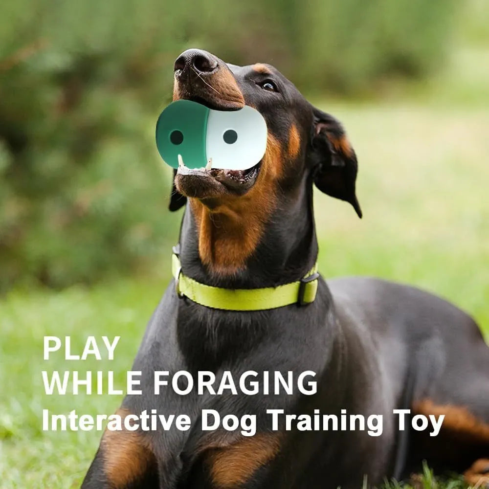 Food grade silicone dog puzzle treat ball in blue and white, shown next to dog treats.